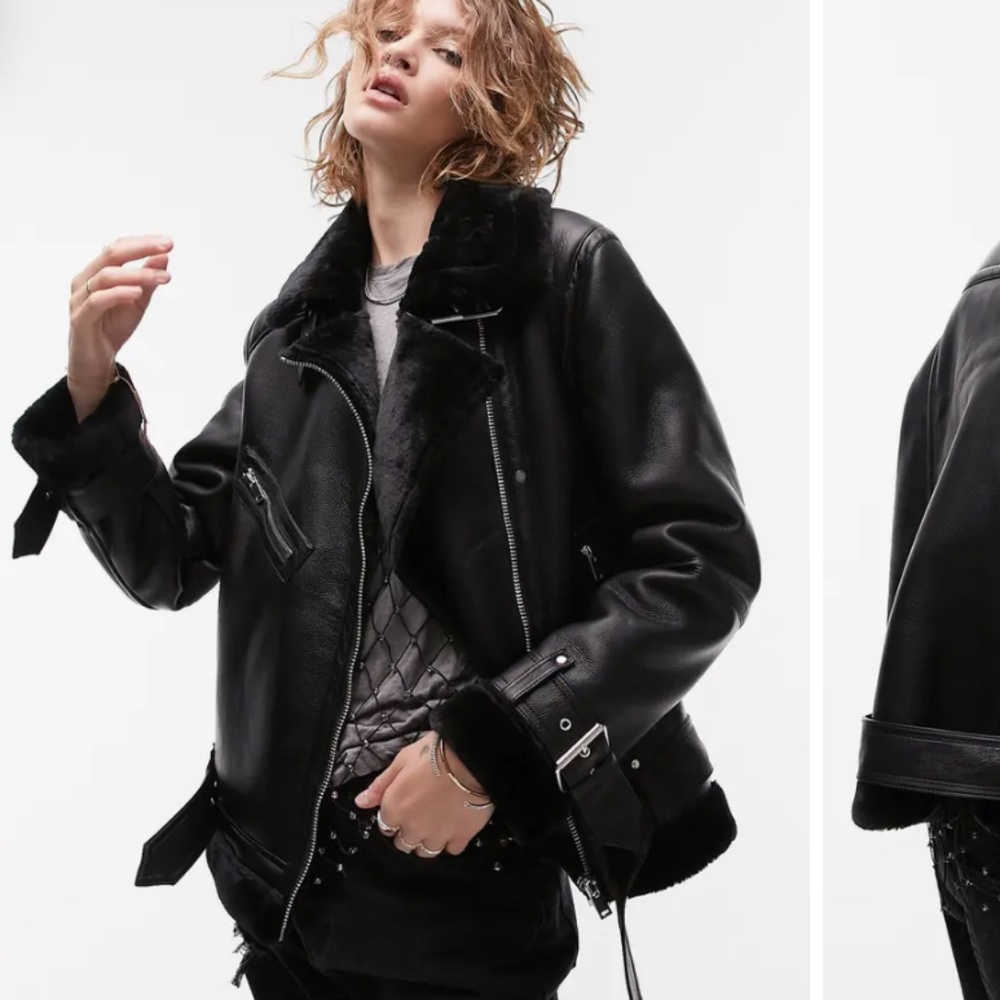 Faux Leather Aviator Jacket with Faux Shearling trim